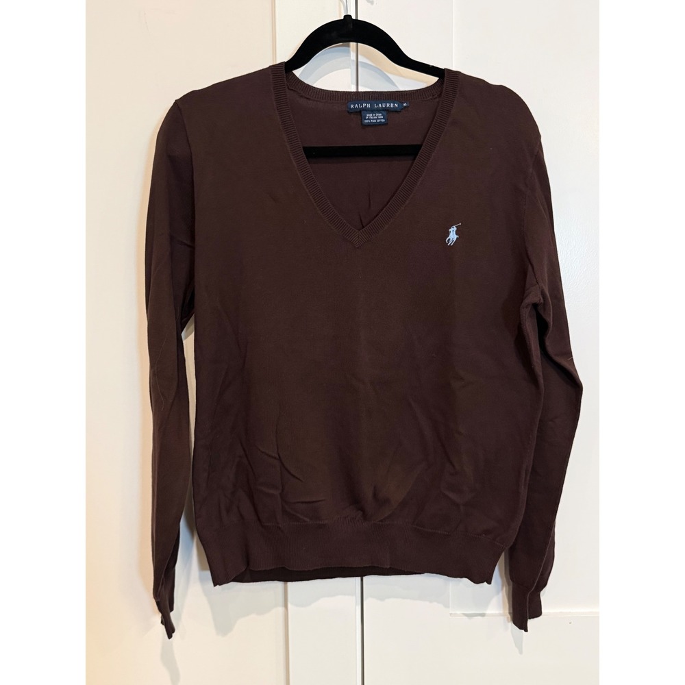 Ralph Lauren V-Neck Sweater Women XL Brown Excellent Pima Cotton Preppy Vintage - Picture 4 of 11